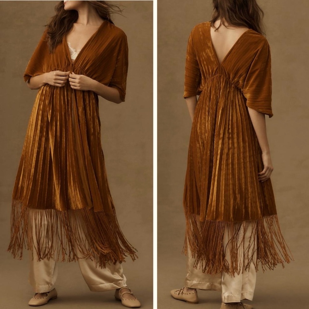 Anthropologie Pleated Velvet Fringe Kimono Jacket, Gold